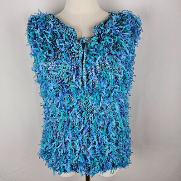 Handmade Knit Sweater Tank Top Sz Large All Over Fringe Hippie Boho Unique - Picture 1 of 9